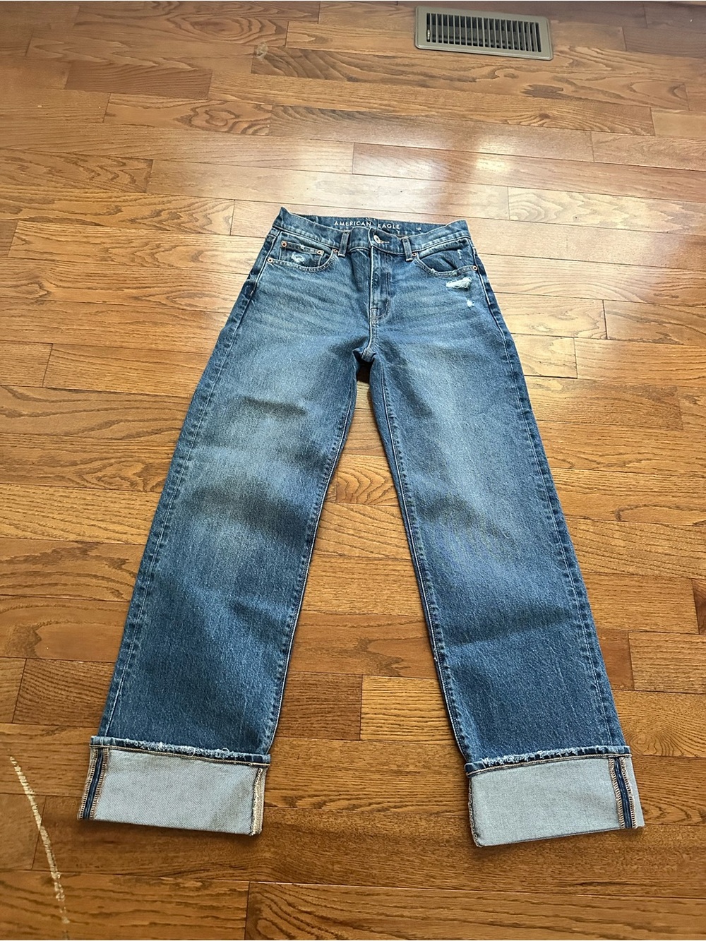 American Eagle Stovepipe Jeans 0 Short Medium Wash Womens Wide Leg Cuffed